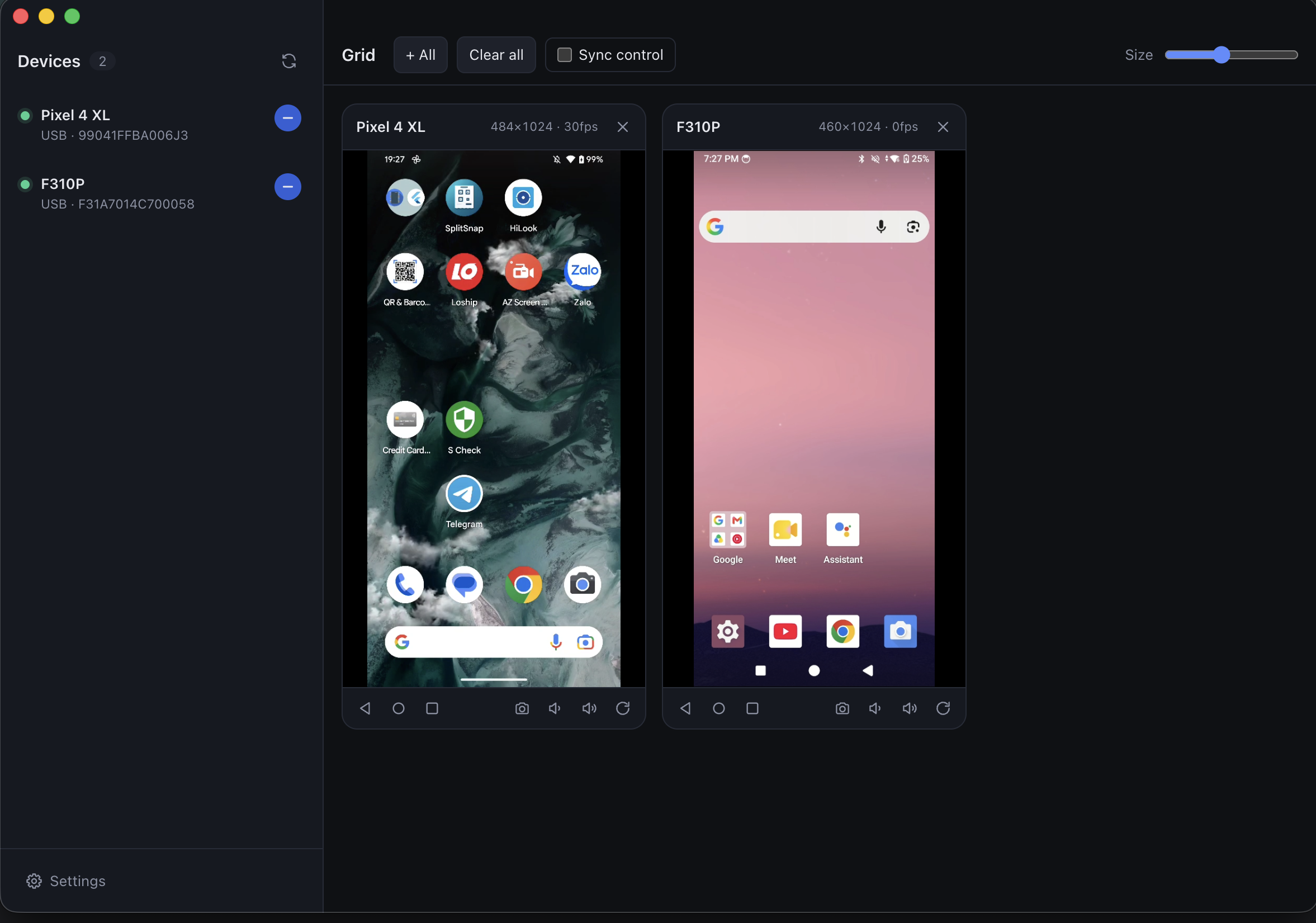 Mob Hub grid view with two connected Android devices mirrored side by side